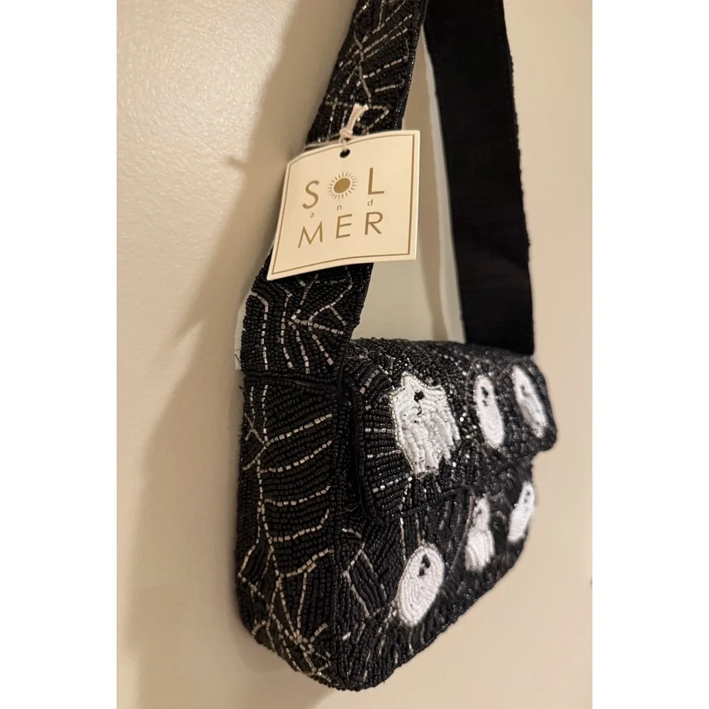 Sol & Mer Halloween Ghost Beaded Shoulder Bag Purse Black White VIRAL NWT